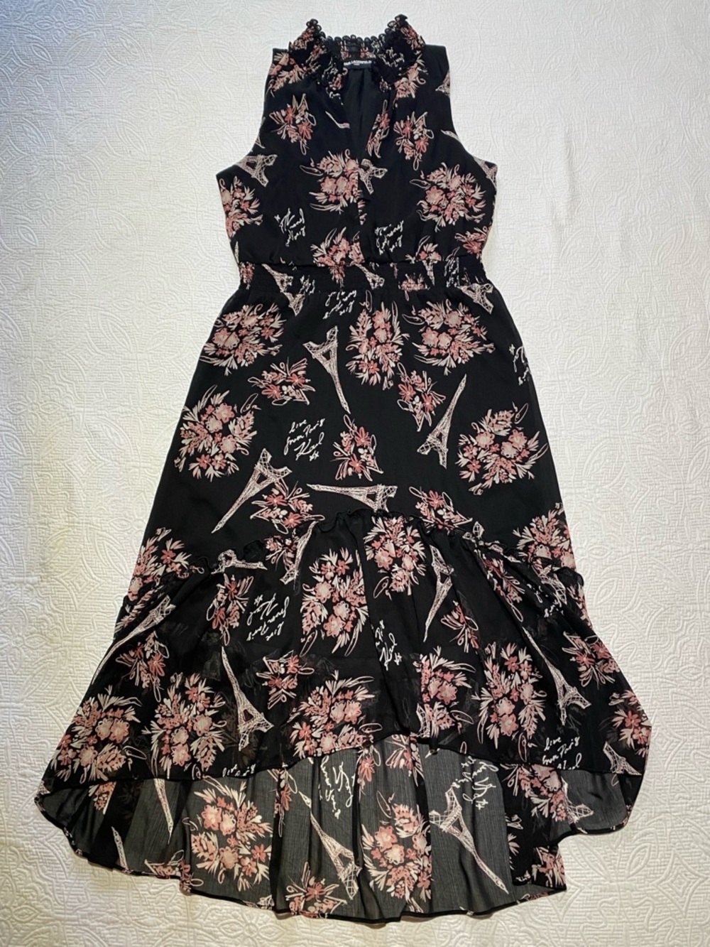 Karl Lagerfeld Black Dress with Pink Floral Print and Ruffled Collar